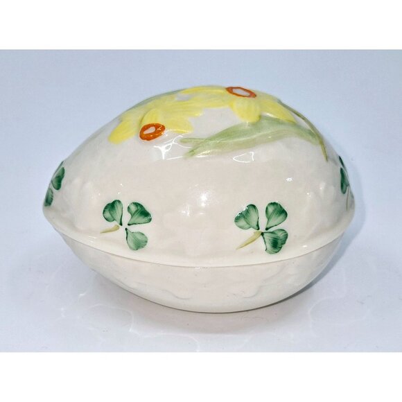 Belleek Hand-Painted Ceramic Egg-Shaped Trinket Box Yellow Daffodils & Clover - Picture 4 of 7